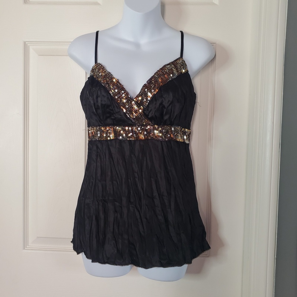 Y2K Black Babydoll Crinkled Satin Shimmery Bronze Sequin Witchy Goth Festival M